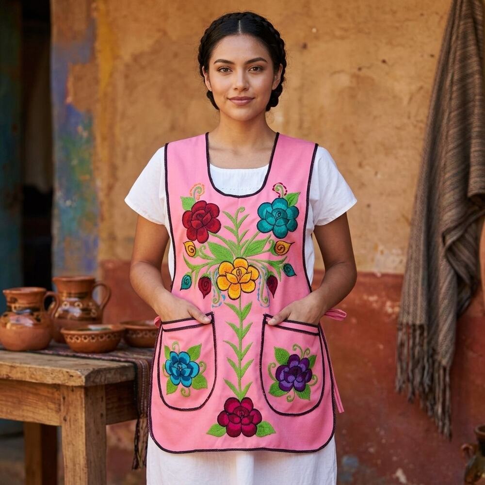 Mexican Embroidered Smock Apron – Floral Traditional Design 28 X 19 IN